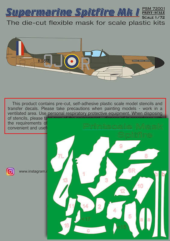 Print Scale PSM72001 1:72 Spitfire Mk.I Camouflage Mask & Decals