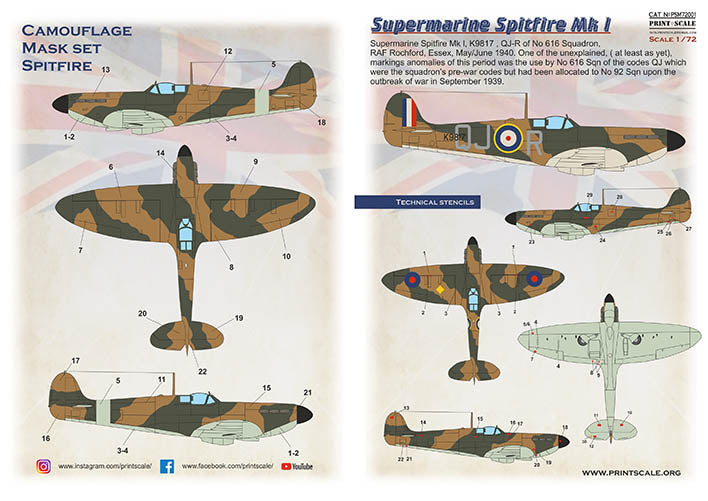 Print Scale PSM72001 1:72 Spitfire Mk.I Camouflage Mask & Decals