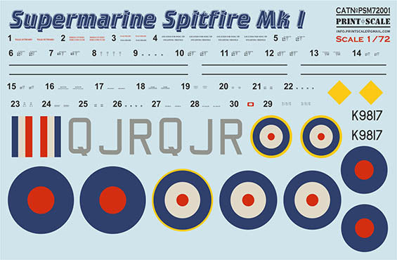 Print Scale PSM72001 1:72 Spitfire Mk.I Camouflage Mask & Decals