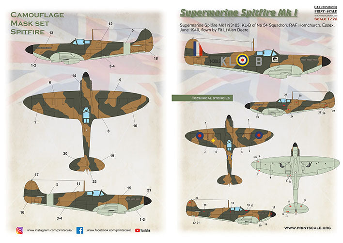 Print Scale PSM72003 1:72 Spitfire Mk.I Camouflage Mask & Decals