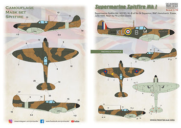 Print Scale PSM72003 1:72 Spitfire Mk.I Camouflage Mask & Decals