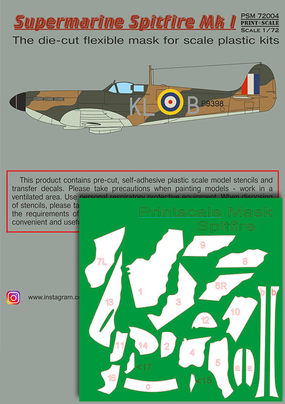 Print Scale PSM72004 1:72 Spitfire Mk.I Camouflage Mask & Decals