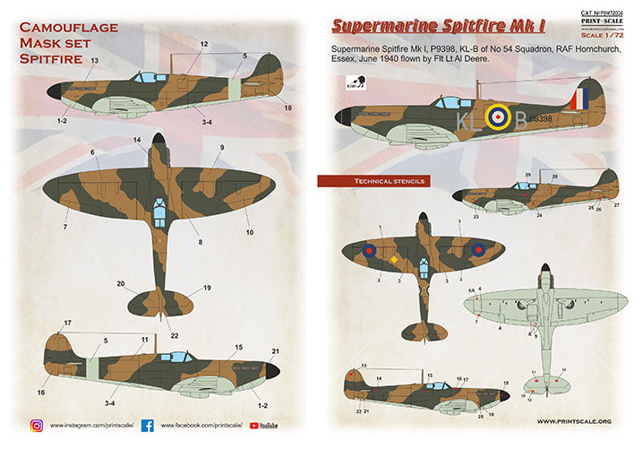 Print Scale PSM72004 1:72 Spitfire Mk.I Camouflage Mask & Decals
