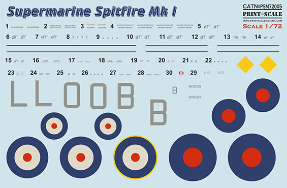 Print Scale PSM72005 1:72 Spitfire Mk.I Camouflage Mask & Decals