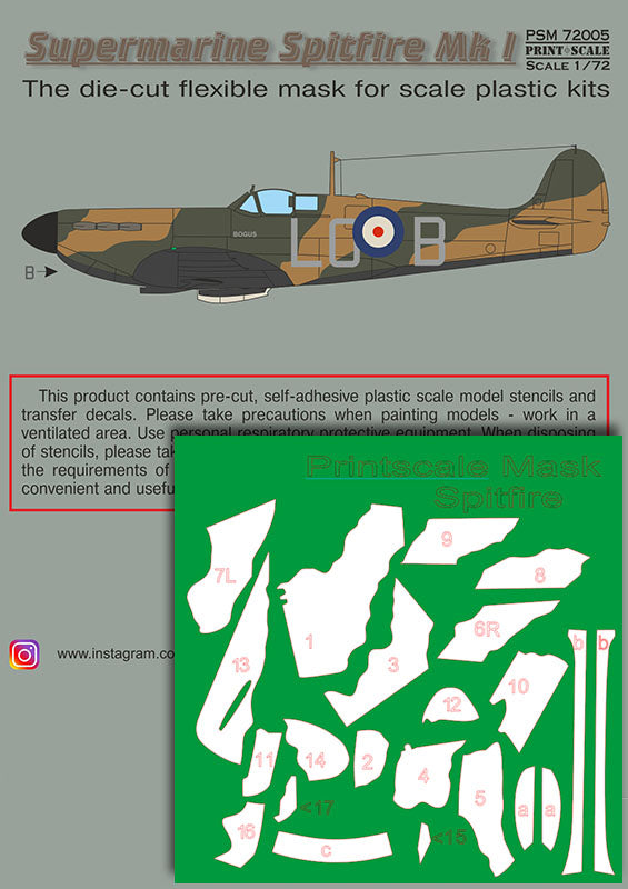Print Scale PSM72005 1:72 Spitfire Mk.I Camouflage Mask & Decals