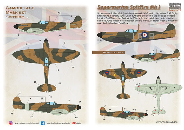 Print Scale PSM72005 1:72 Spitfire Mk.I Camouflage Mask & Decals