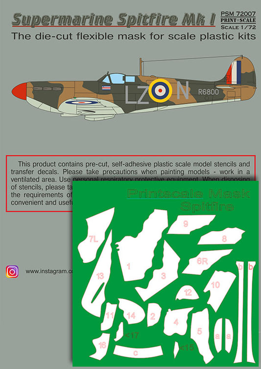 Print Scale PSM72007 1:72 Spitfire Mk.I Camouflage Mask & Decals