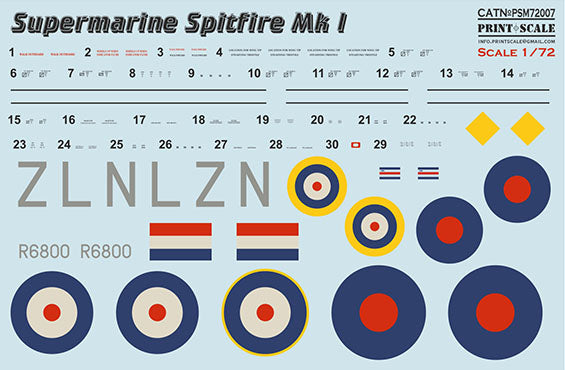 Print Scale PSM72007 1:72 Spitfire Mk.I Camouflage Mask & Decals