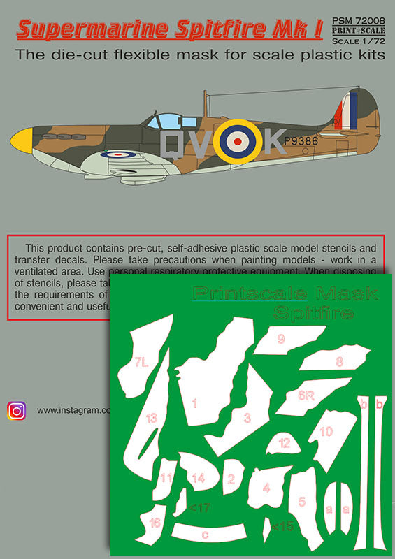 Print Scale PSM72008 1:72 Spitfire Mk.I Camouflage Mask & Decals