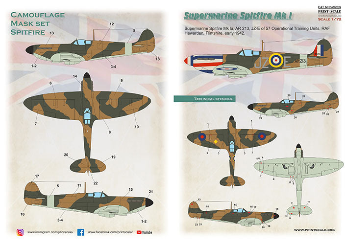 Print Scale PSM72009 1:72 Spitfire Mk.I Camouflage Mask & Decals