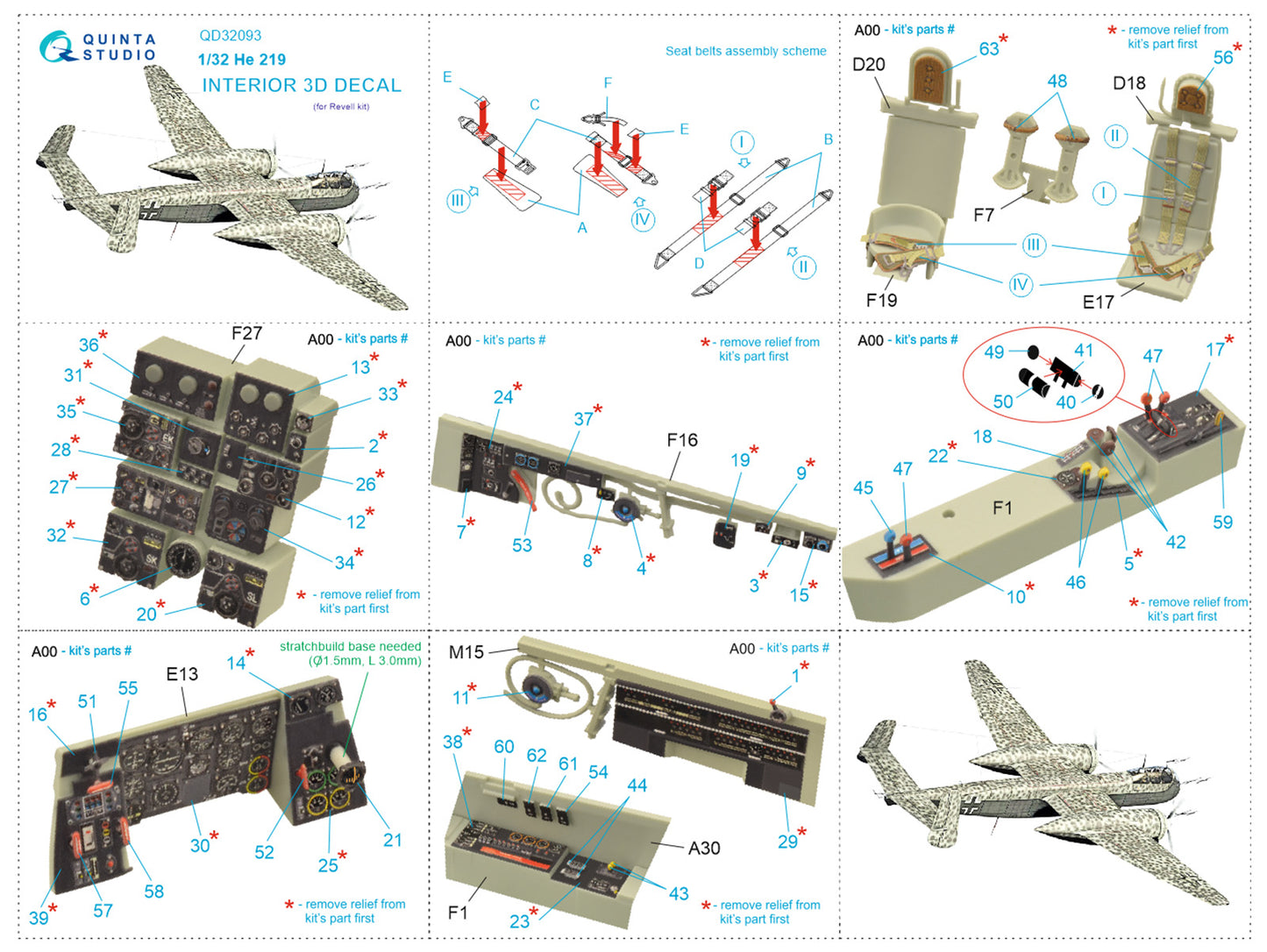 Quinta Studio QD32093 1:32 Heinkel He-219 3D-Printed Interior Decals