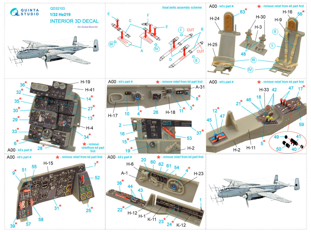Quinta Studio QD32103 1:32 Heinkel He-219 3D-Printed Interior Decals