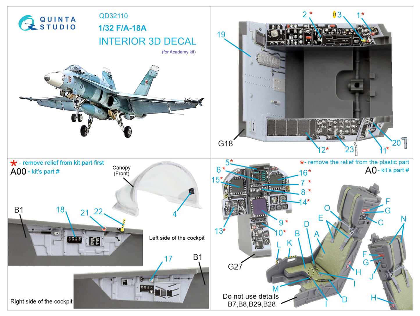 Quinta Studio QD32110 1:32 F/A-18A 3D Interior Decal