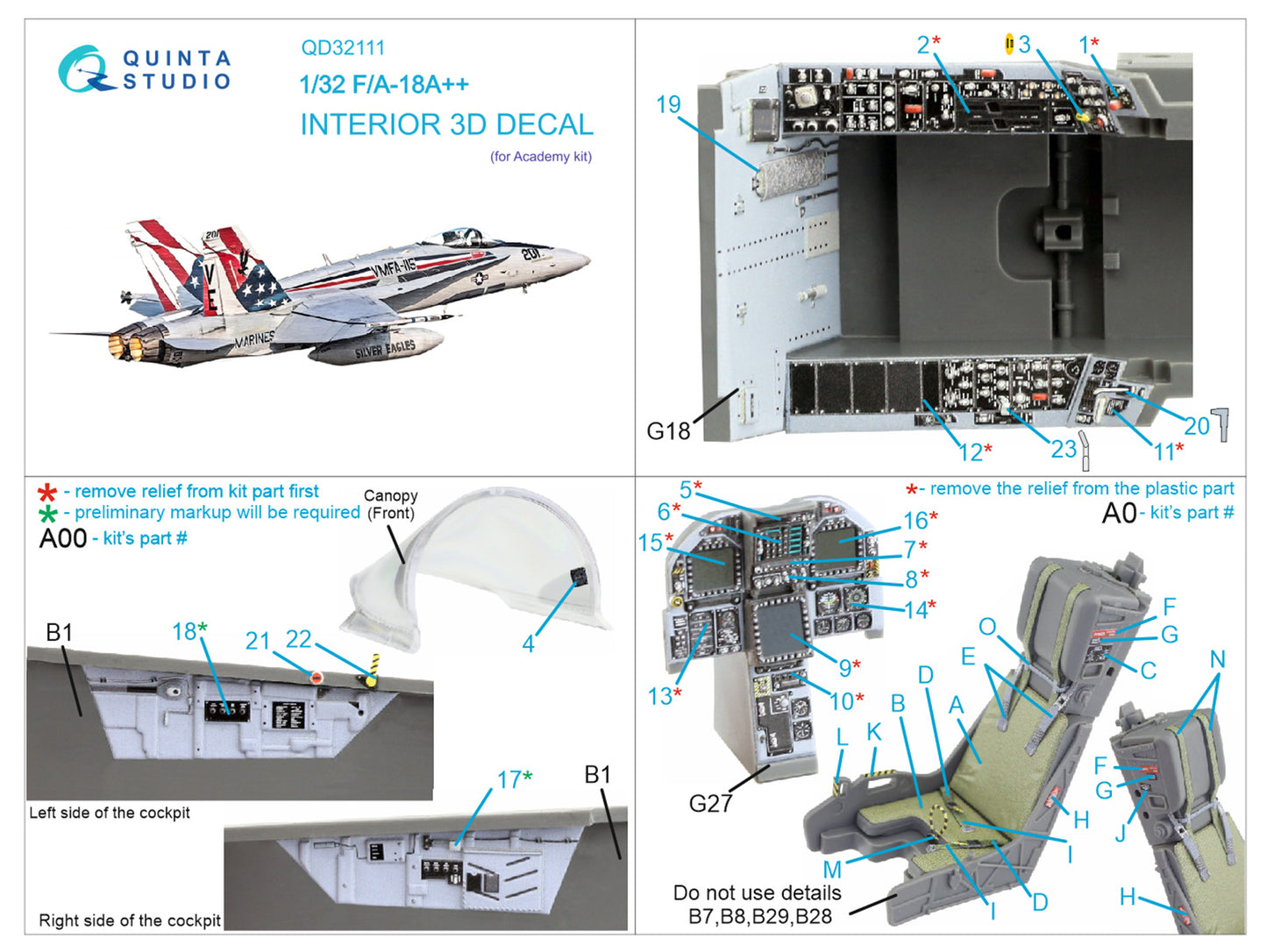 Quinta Studio QD32111 1:32 F/A-18A++ 3D Interior Decal