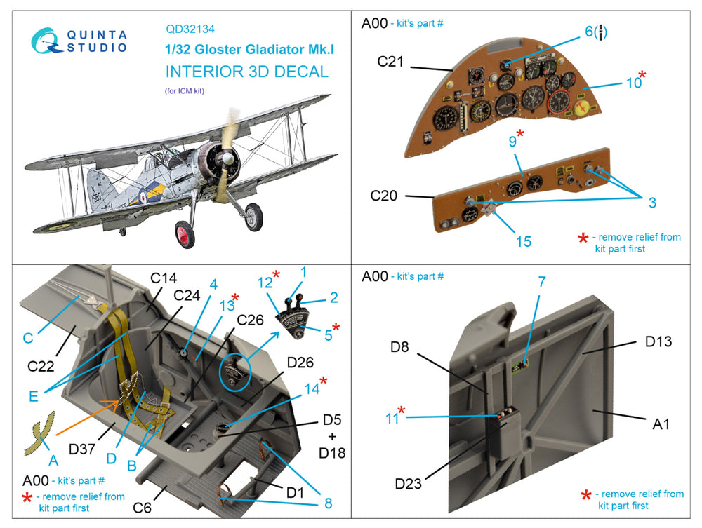 Quinta Studio QD32134 1:32 Gloster Gladiator Mk.I 3D Interior Decal