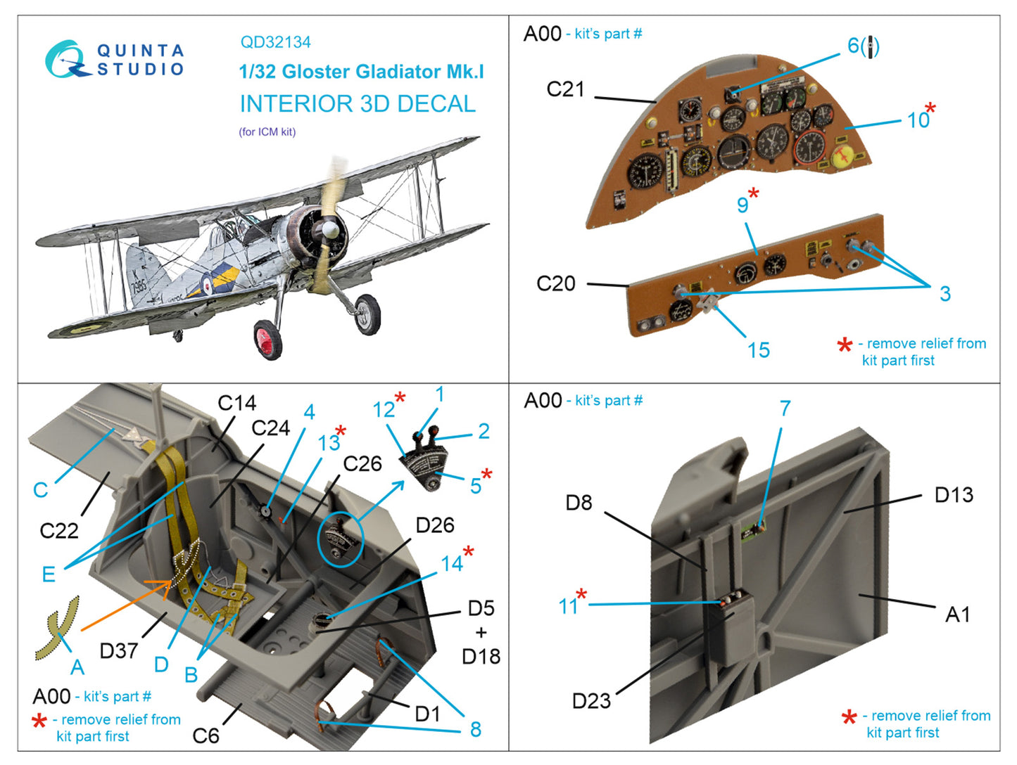 Quinta Studio QD32134 1:32 Gloster Gladiator Mk.I 3D Interior Decal