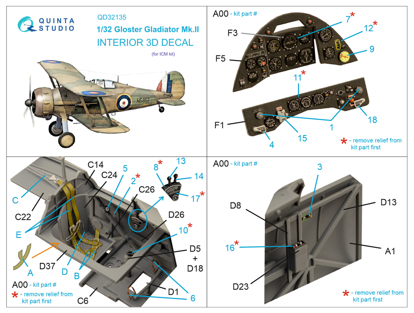 Quinta Studio QD32135 1:32 Gloster Gladiator Mk.II 3D Interior Decal