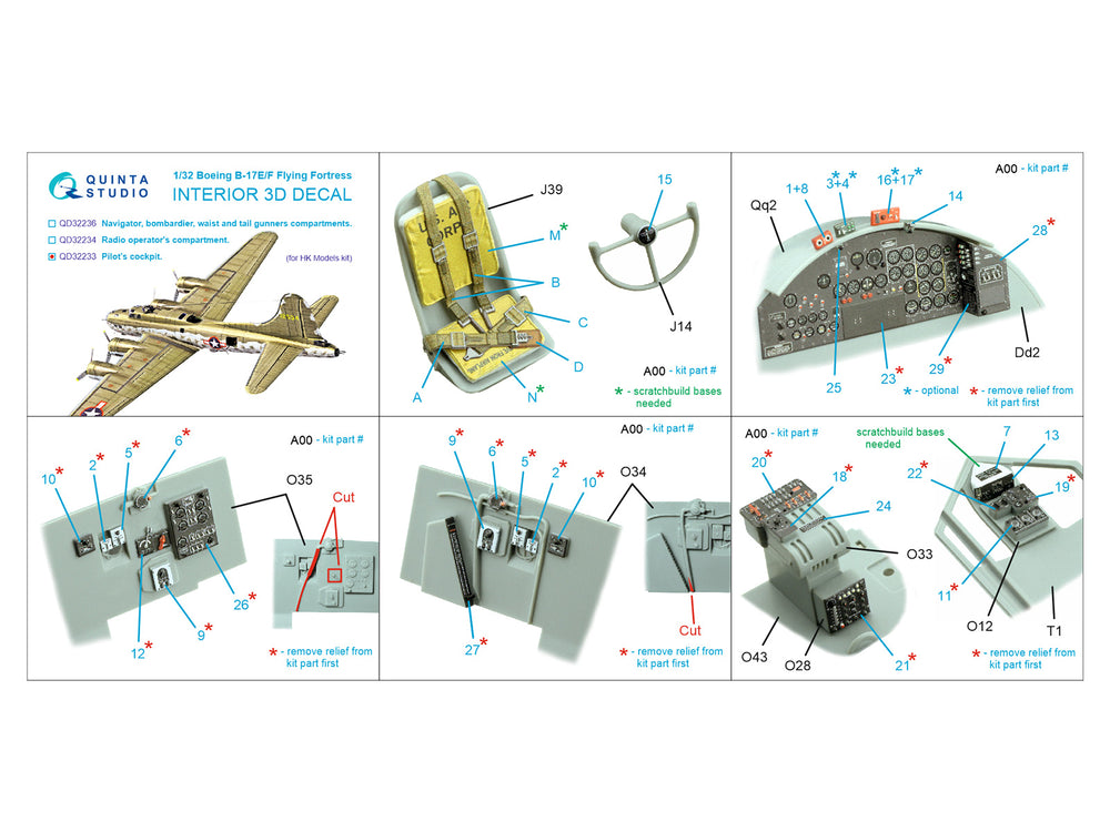 Quinta Studio QD32233 1:32 B-17E/F Pilot Cockpit 3D Interior Decal
