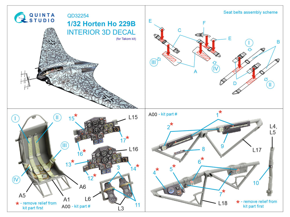 Quinta Studio QD32254 1:32 Horten Ho-229B 3D Interior Decal