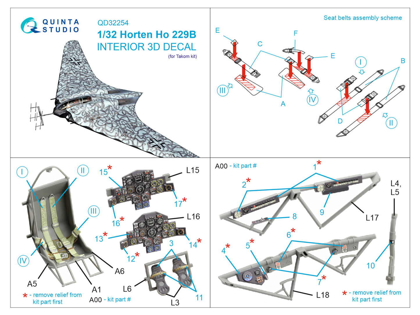 Quinta Studio QD32254 1:32 Horten Ho-229B 3D Interior Decal