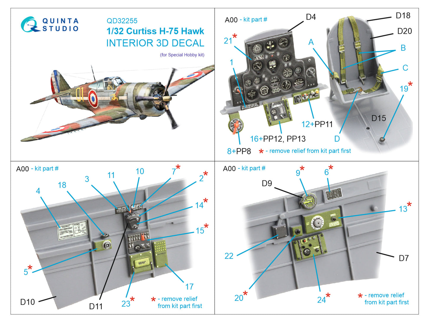 Quinta Studio QD32255 1:32 Curtiss H-75 Hawk 3D Interior Decal