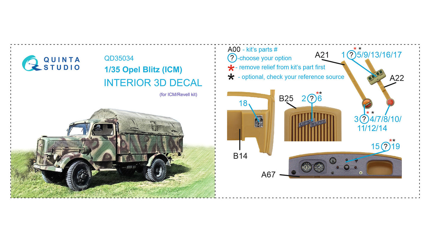 Quinta Studio QD35034 1:35 Opel Blitz 3D-Printed Interior Decals