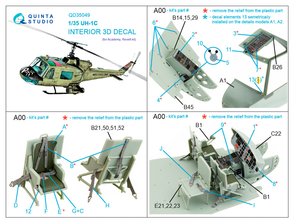 Quinta Studio QD35049 1:35 Bell UH-1C 3D-Printed Interior Decals