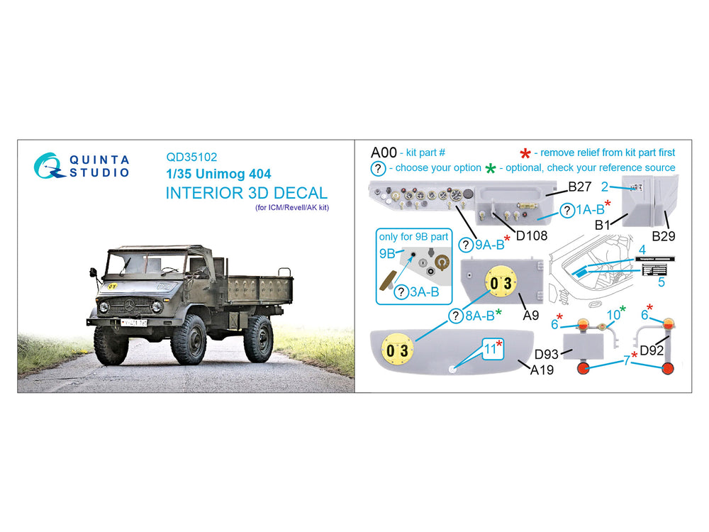 Quinta Studio QD35102 1:35 Unimog 404 3D-Printed Interior Decals