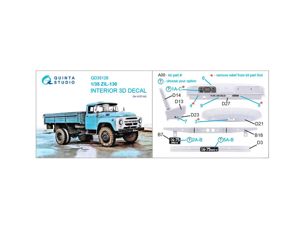 Quinta Studio QD35126 1:35 ZIL-130 3D-Printed coloured Interior on decal paper