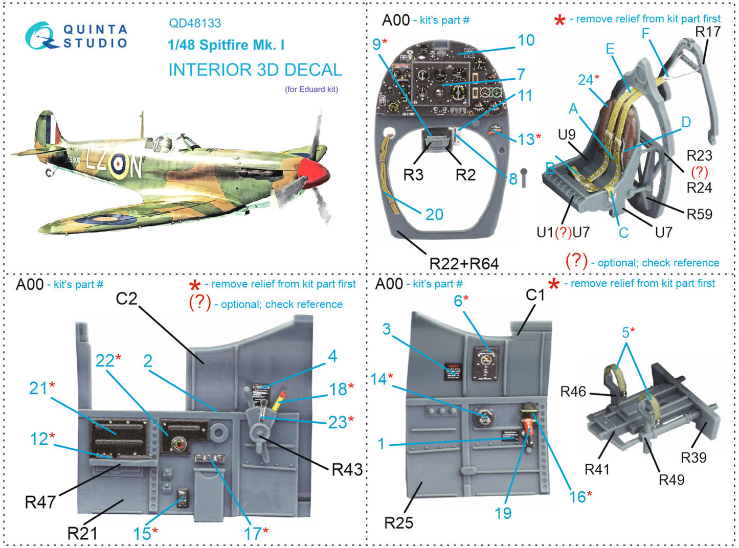 Quinta Studio QD48133 1:48 Spitfire Mk.I 3D Interior Decal