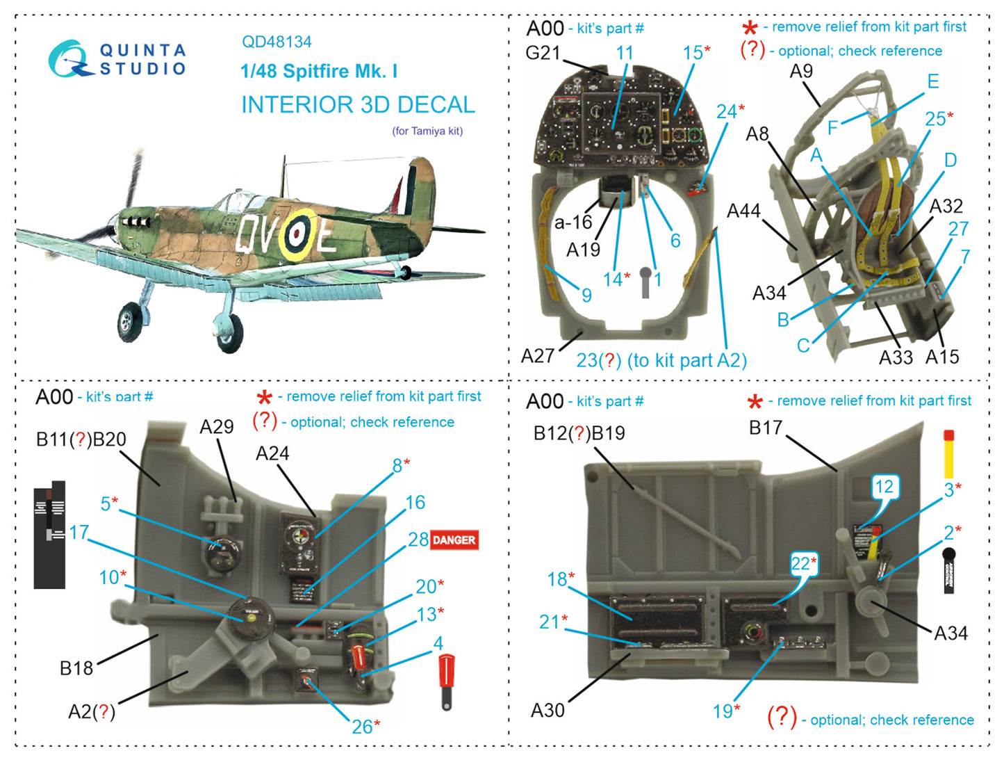 Quinta Studio QD48134 1:48 Spitfire Mk.I 3D Interior Decal