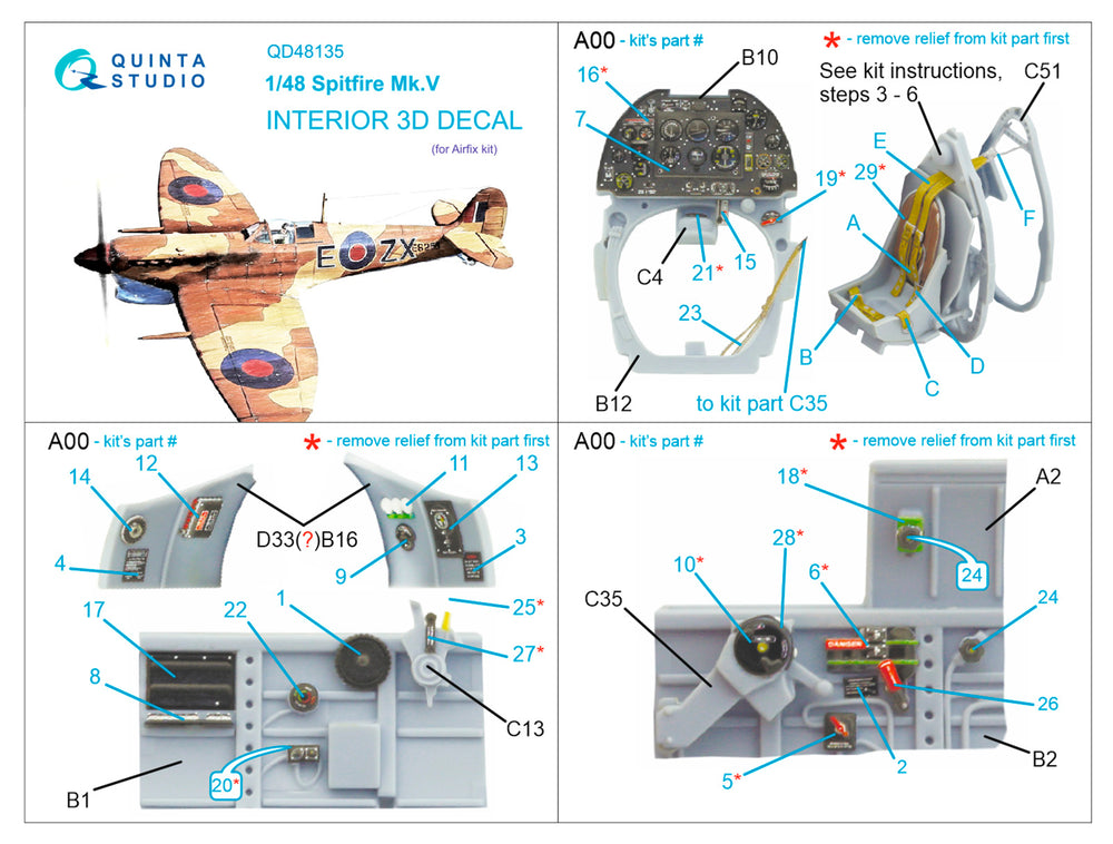 Quinta Studio QD48135 1:48 Spitfire Mk.V 3D Interior Decal