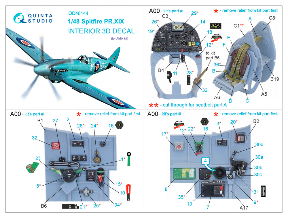 Quinta Studio QD48144 1:48 Spitfire PR Mk.XIX 3D Interior Decal