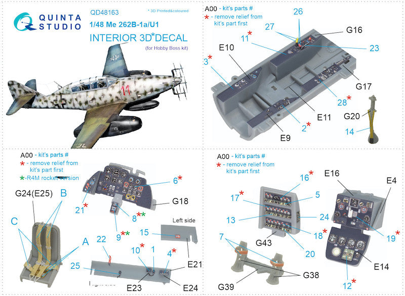 Quinta Studio QD48163 1:48 Me-262B-1a/U1 3D Interior Decal