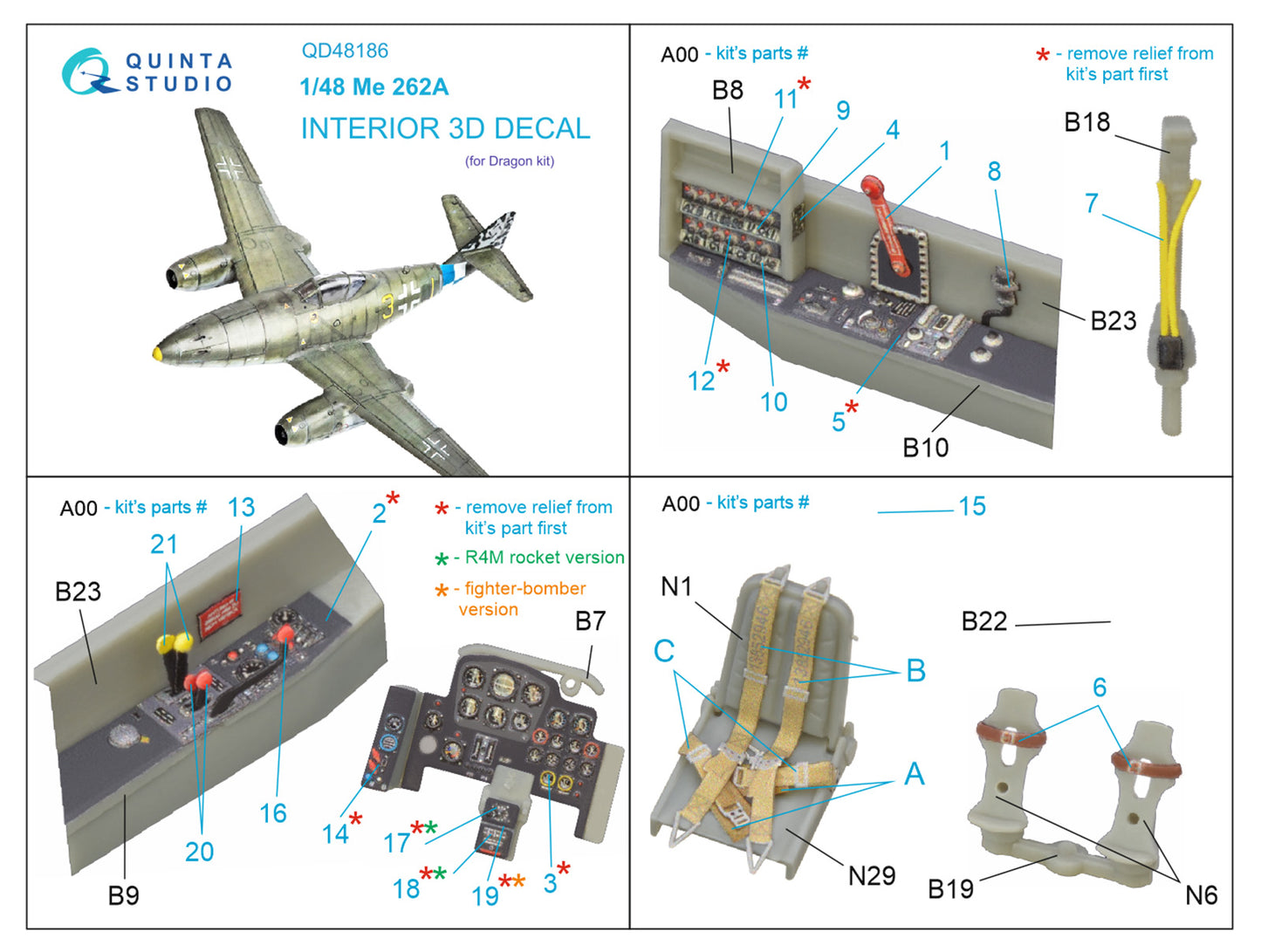 Quinta Studio QD48186 1:48 Me-262A-1A 3D Interior Decal