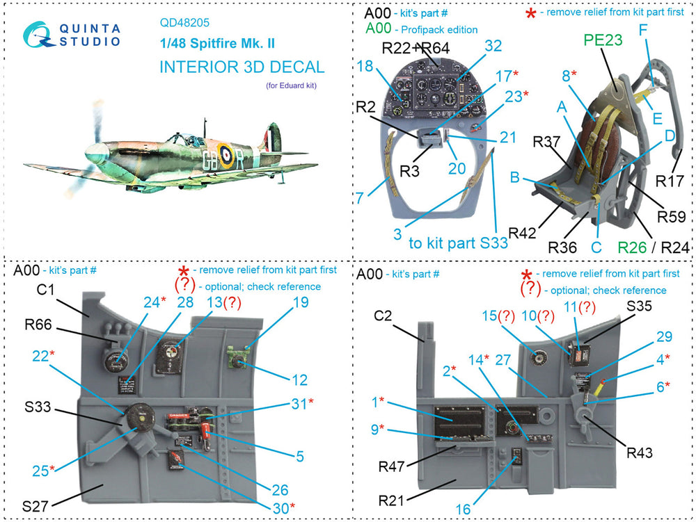 Quinta Studio QD48205 1:48 Spitfire Mk.II 3D Interior Decal