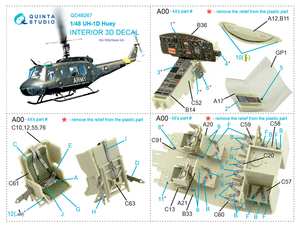 Quinta Studio QD48267 1:48 Bell UH-1D 3D-Printed Interior Decals