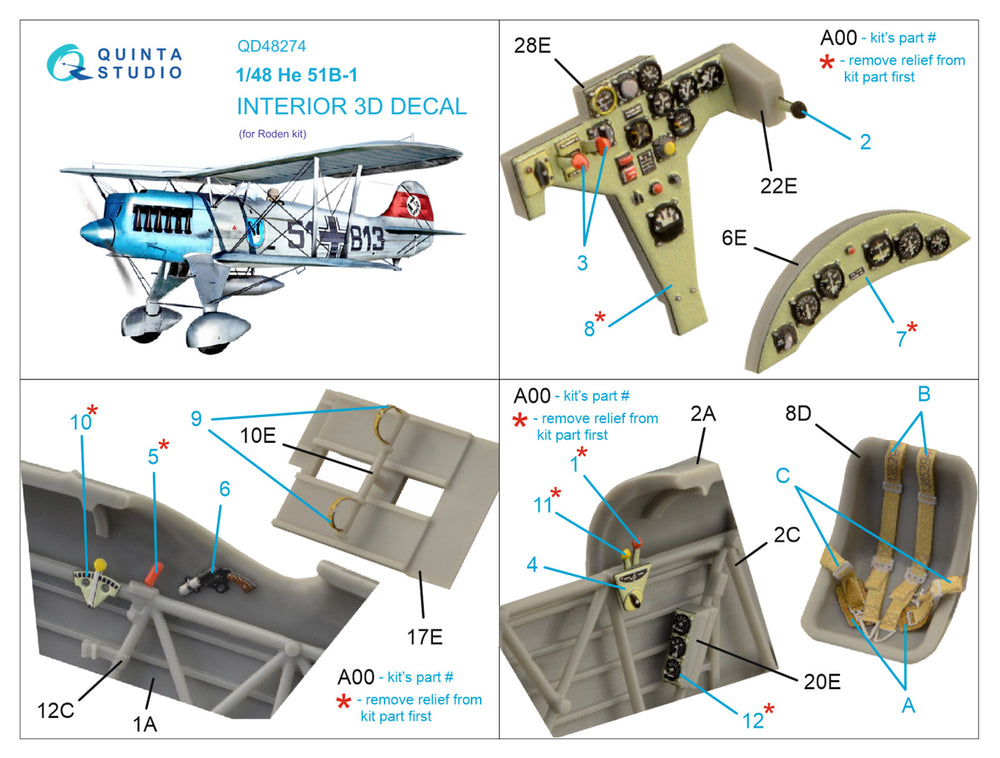 Quinta Studio QD48274 1:48 Heinkel He-51B 3D-Printed Interior Decals