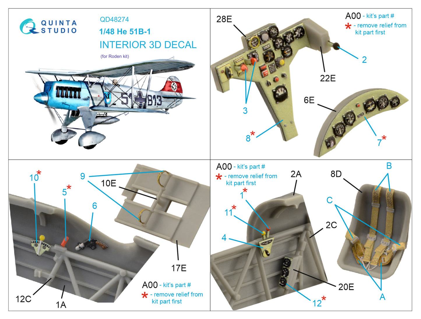 Quinta Studio QD48274 1:48 Heinkel He-51B 3D-Printed Interior Decals