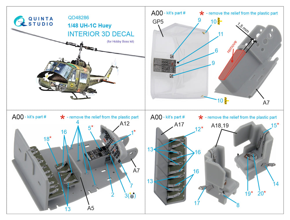 Quinta Studio QD48286 1:48 Bell UH-1C 3D-Printed Interior Decals