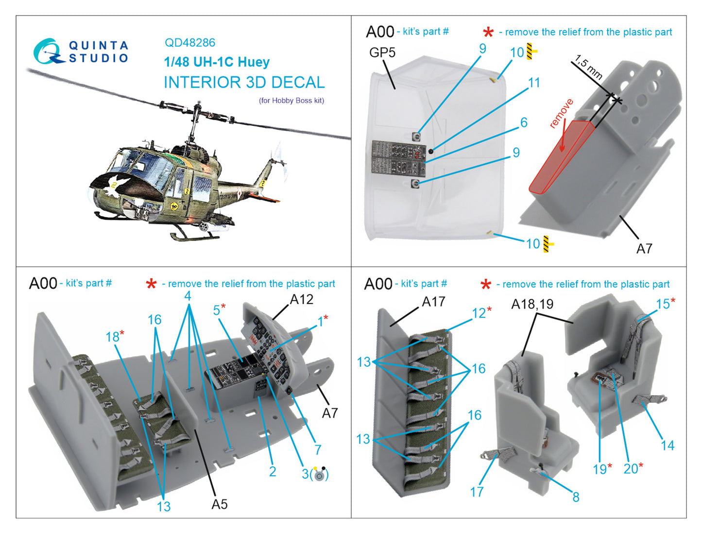 Quinta Studio QD48286 1:48 Bell UH-1C 3D-Printed Interior Decals