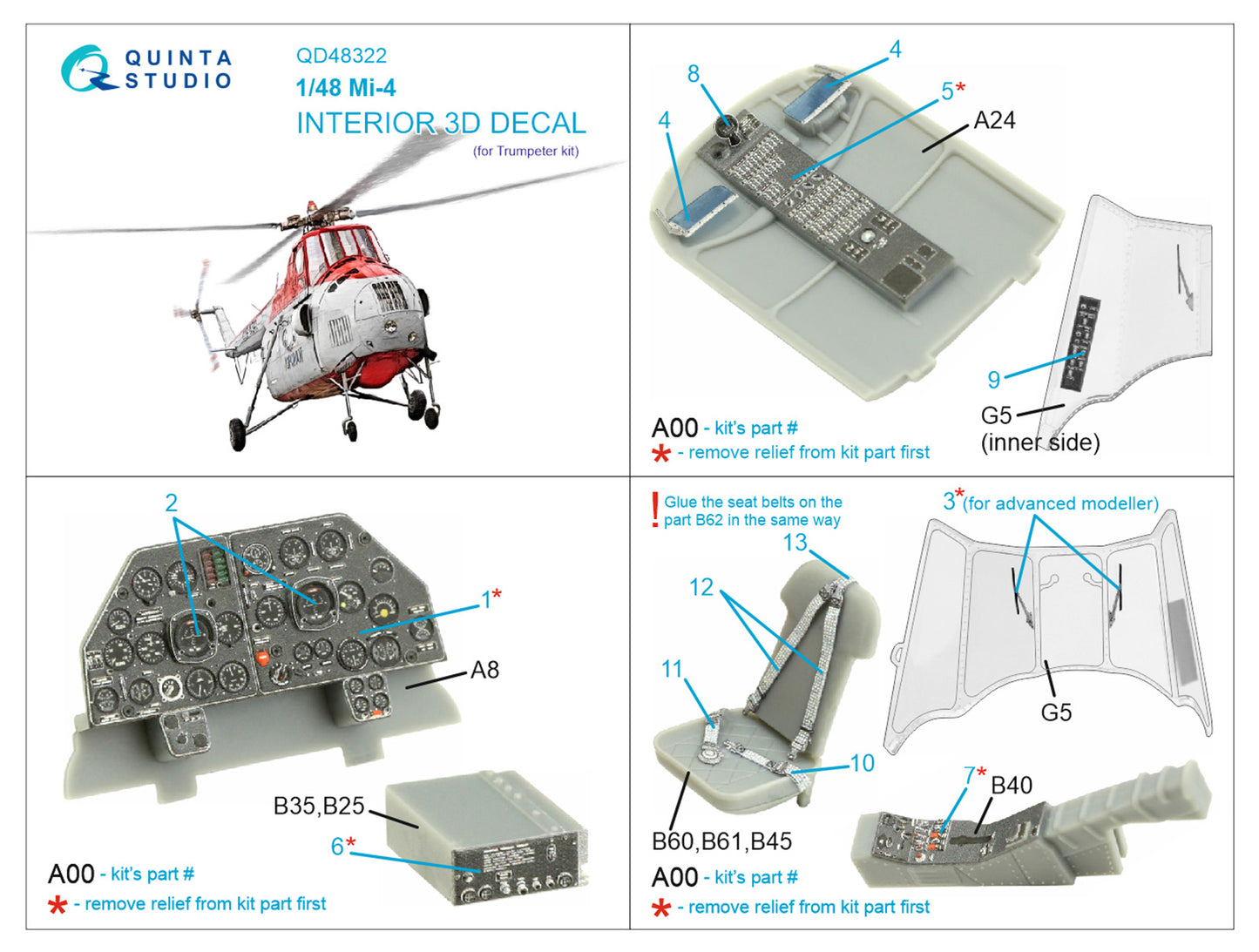 Quinta Studio QD48322 1:48 Mil Mi-4 3D-Printed coloured Interior on decal paper