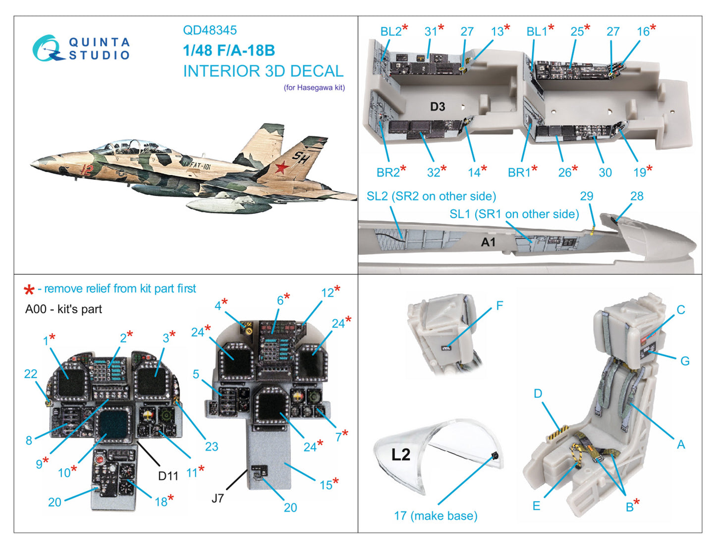 Quinta Studio QD48345 1:48 Boeing F/A-18B 3D-Printed Interior Decals