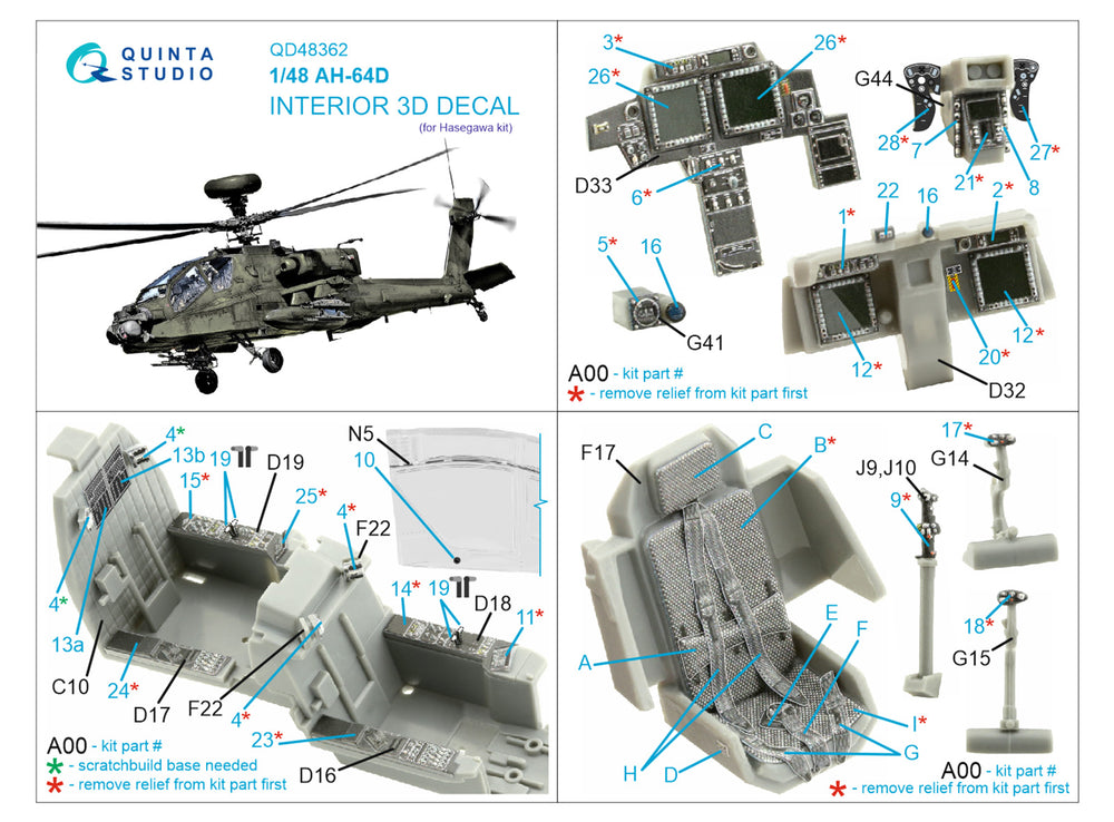 Quinta Studio QD48362 1:48 AH-64D 3D-Printed & coloured Interior on decal paper
