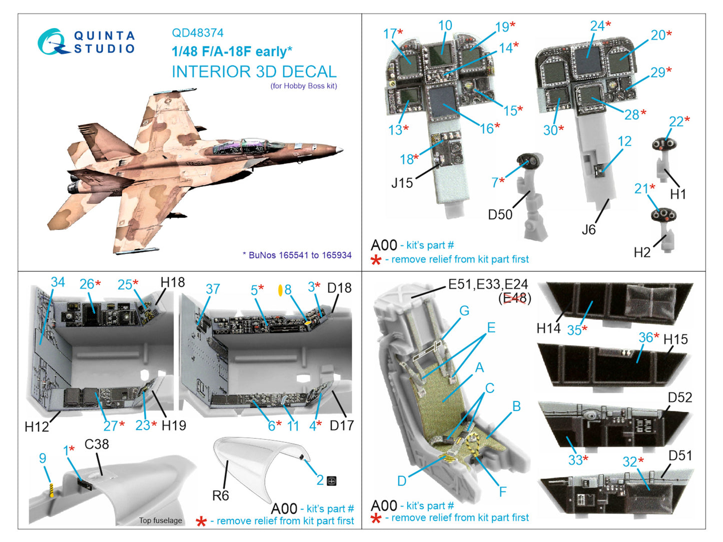 Quinta Studio QD48374 1:48 F/A-18F Early Hornet 3D Interior Decal