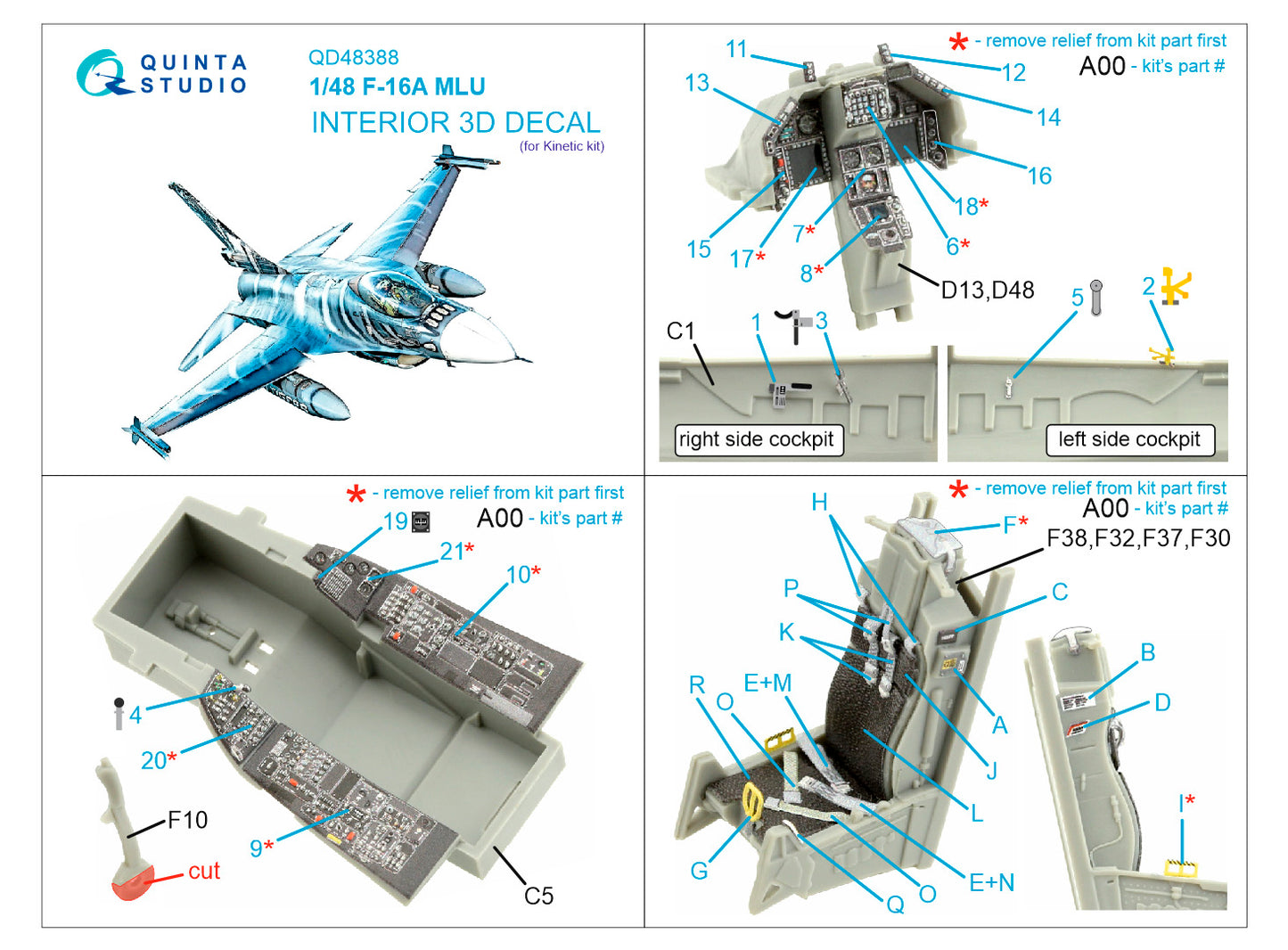 Quinta Studio QD48388 1:48 F-16A MLU 3D Interior Decal