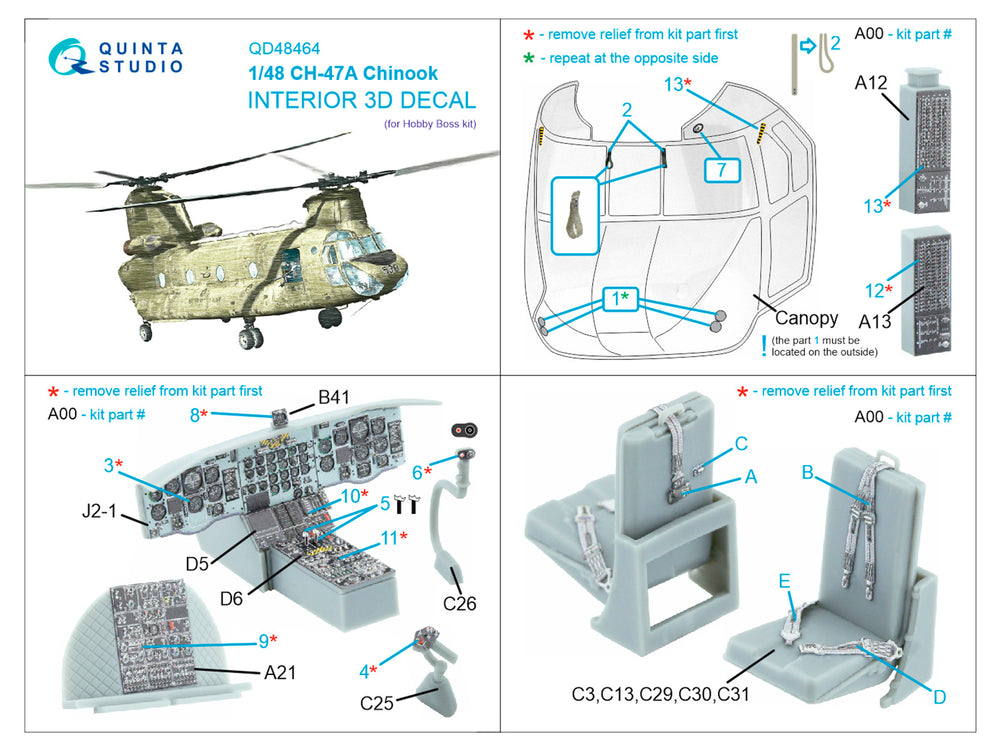Quinta Studio QD48464 1:48 Boeing CH-47A 3D-Printed Interior Decals