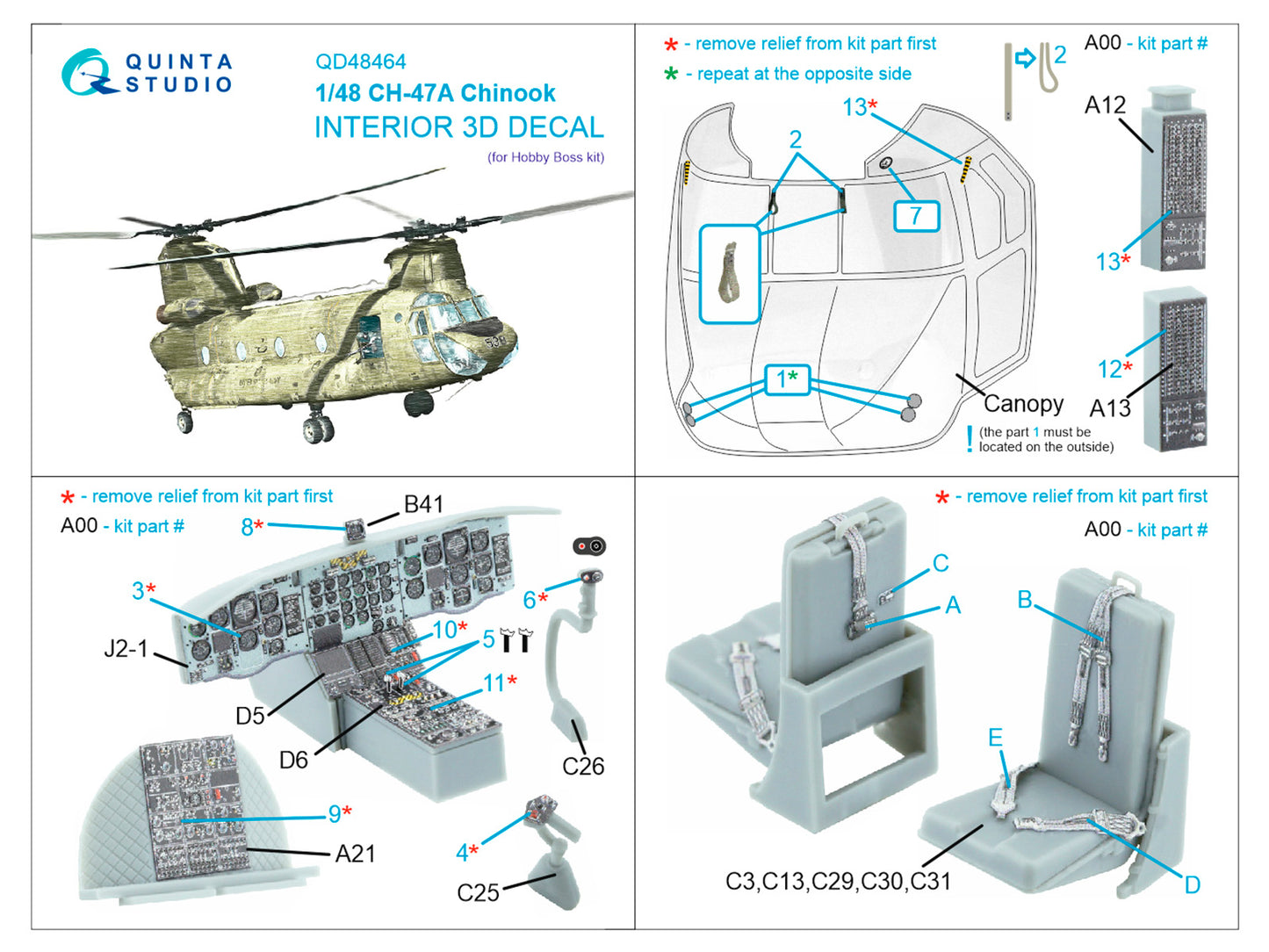 Quinta Studio QD48464 1:48 Boeing CH-47A 3D-Printed Interior Decals