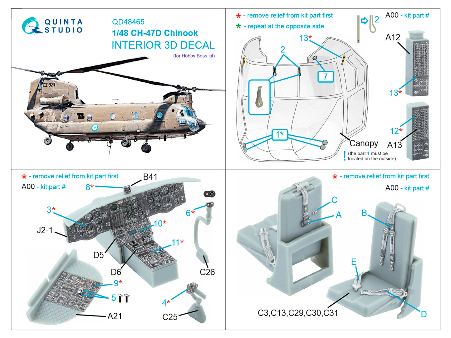 Quinta Studio QD48465 1:48 Boeing CH-47D 3D-Printed Interior Decals
