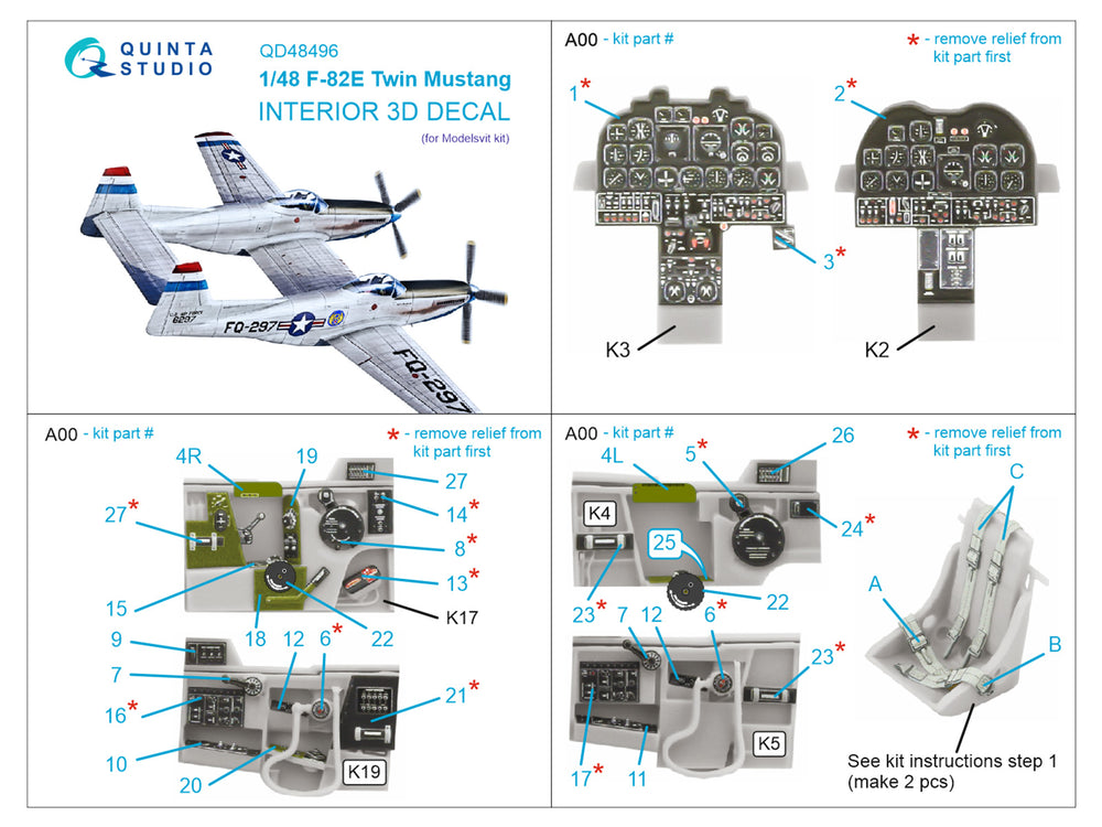 Quinta Studio QD48496 1:48 F-82E Twin Mustang 3D Interior Decal